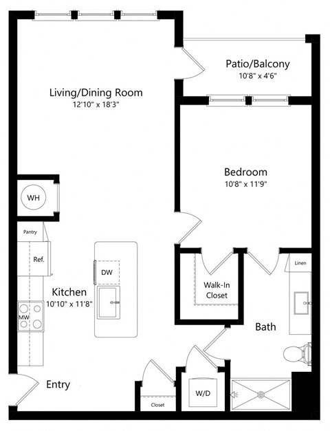 Floor plan for 1 bed, 1 bath, 803 sqft